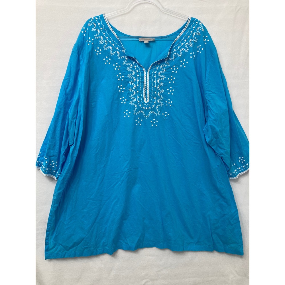 Woman Within Tunic Size 3X Blue Embroidered Sequin V-Neck Boho Resortwear Casual